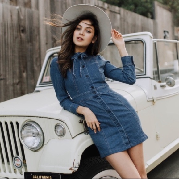 tie neck denim dress